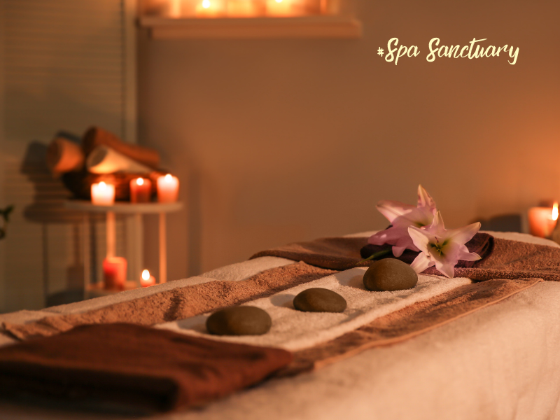 Relaxing spa setting featuring vegan skincare products and candles.