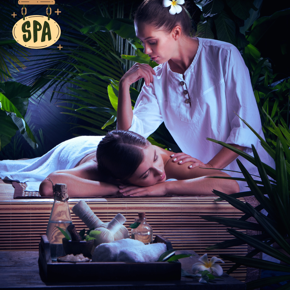 Spa client receiving a massage surrounded by greenery and eco-friendly skincare products