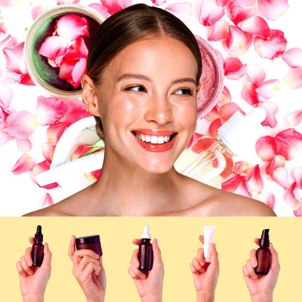 Radiant woman surrounded by rose petals and vegan skincare products.