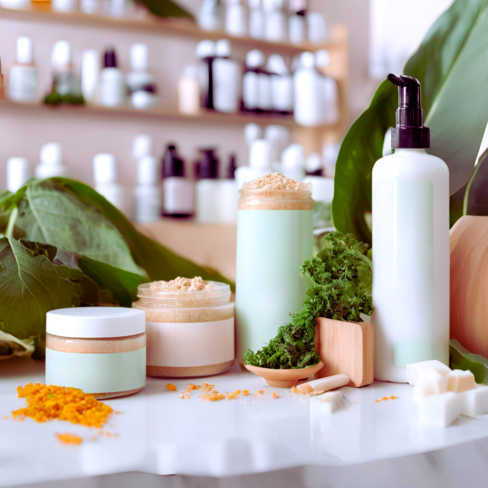 Vegan skincare products displayed with fresh botanical ingredients.