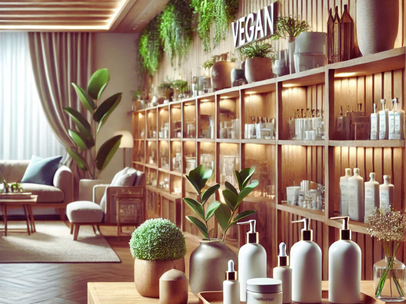 Image of a luxurious spa interior focused on vegan skincare.