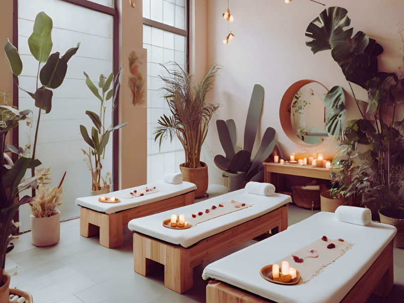 Tranquil spa room featuring vegan skincare, plants, and candles.