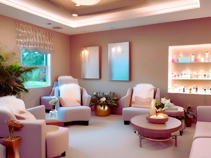 Luxurious spa lounge showcasing vegan skincare products on display.