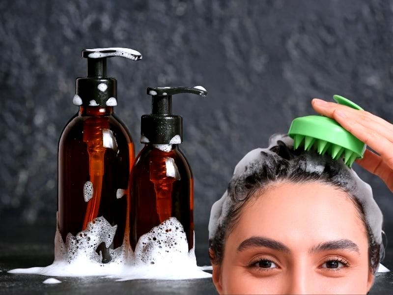 A bottle of vegan hair care product sits beside a woman with healthy, shiny hair, enjoying the benefits of using natural, cruelty-free products.