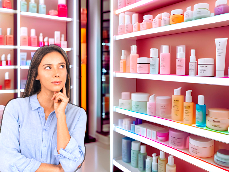 A thoughtful woman standing in front of a vibrant display of skincare products, reflecting on advanced skincare solutions for optimal beauty and wellness.