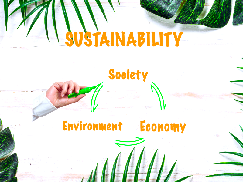 Sustainability diagram linking society, environment, and economy, emphasizing advanced skincare solutions.