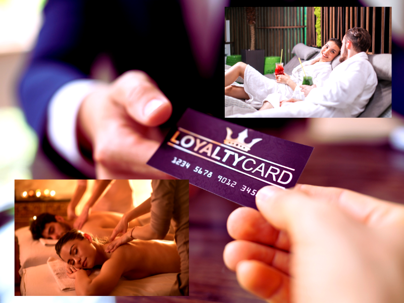 A loyalty card being offered, with images of spa relaxation and massage services.