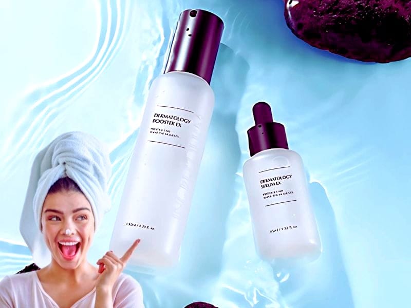 Incellderm skincare products on water with a cheerful woman. 