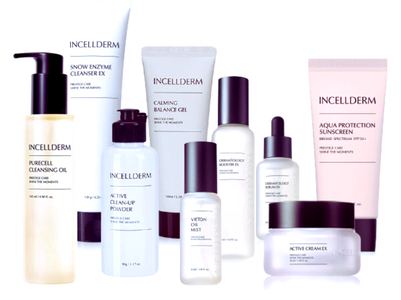 A collection of Incellderm skincare products, including cleansers, gels, serums, and sunscreen.