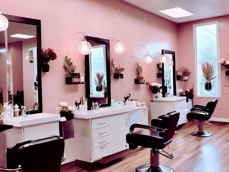 A modern hair salon with pink walls, natural decor, and mirrors, emphasizing green beauty and eco-friendly practices.