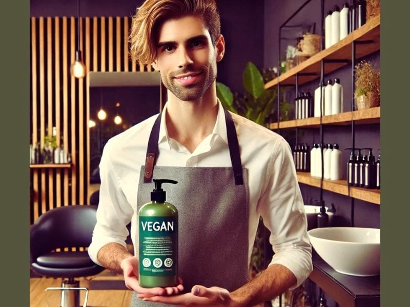 A friendly hair salon staff member proudly showcasing a vegan haircare product, representing green beauty.