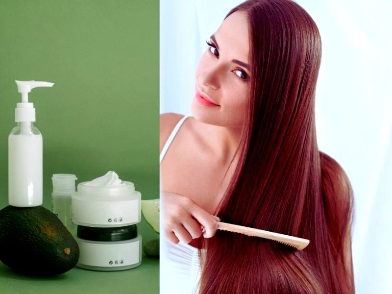 Natural haircare products with avocado and a woman combing sleek hair, showcasing haircare innovation.