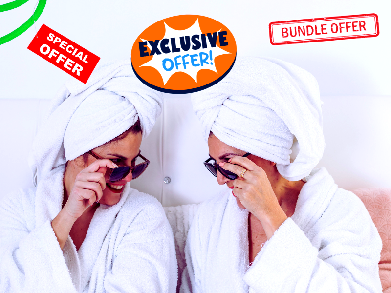 Two women in bathrobes with promo tags: "Exclusive Offer," "Special Offer," "Bundle Offer."