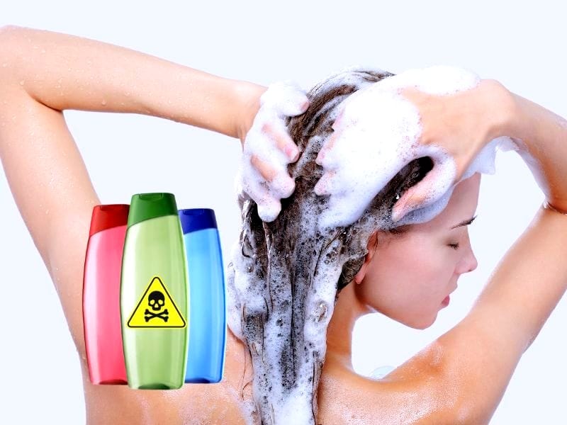 A woman washing her hair with shampoo while a warning label on colorful bottles highlights the importance of switching to non-toxic beauty products.