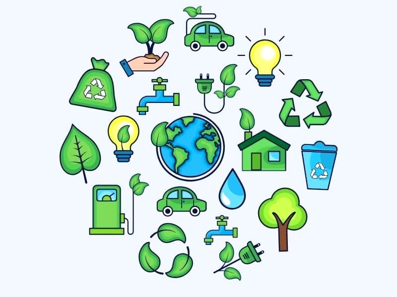 An illustration highlighting eco-friendly elements, including recycling, renewable energy, and sustainable practices, symbolizing the environmental impact of non-toxic beauty.