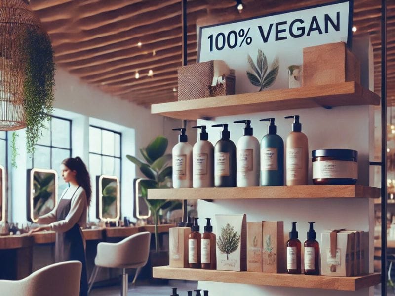 Salon display of 100% vegan and organic hair treatments with shampoos, conditioners, and products.