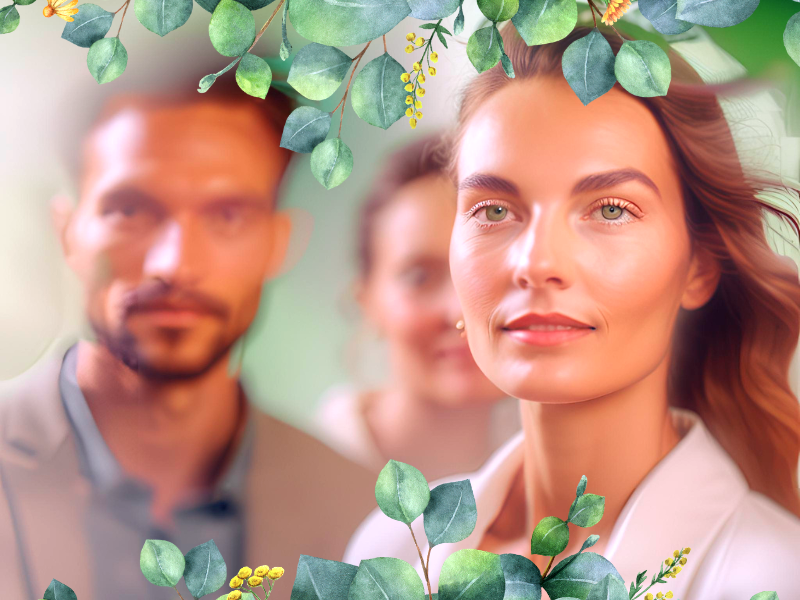 Close-up of a confident woman surrounded by greenery, representing leadership and sustainable choices in a professional setting.