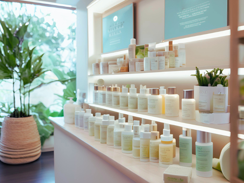 A well-organized retail display of vegan skincare products in a bright and natural environment, surrounded by greenery.