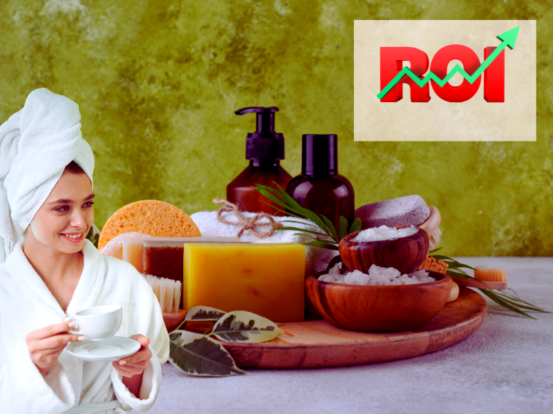 Smiling woman in a robe with eco-friendly bath products, emphasizing sustainable choices for ROI.