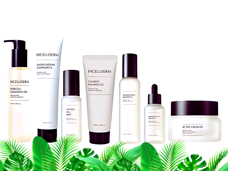 Incellderm skincare products with a natural, refreshing vibe.