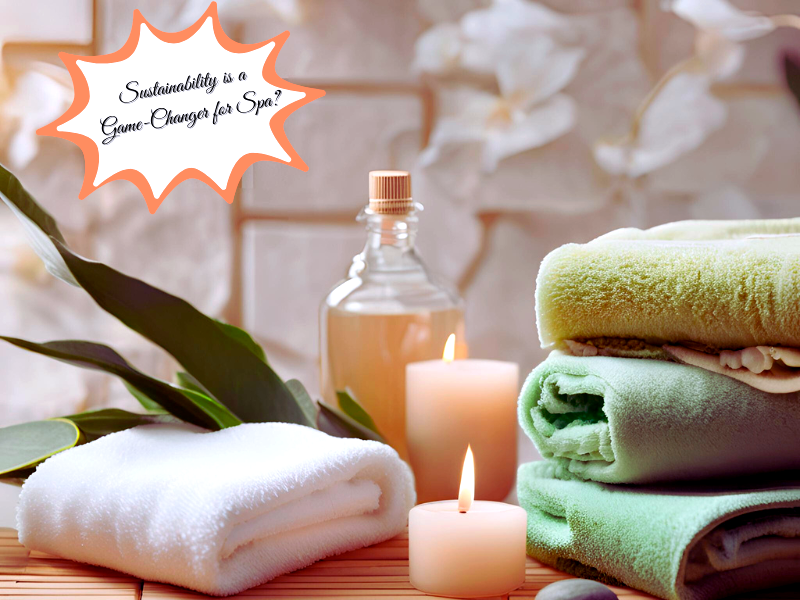 Stacked soft towels, lit candles, and a glass bottle, surrounded by greenery, promoting sustainability in spa settings.