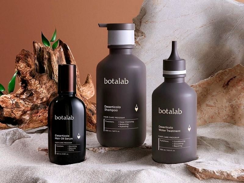 Botalab haircare products displayed on a natural backdrop, emphasizing sustainable haircare solutions.