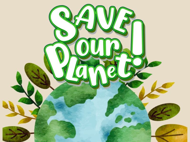 Illustration of Earth surrounded by greenery with the text "Save Our Planet," promoting sustainable haircare initiatives.