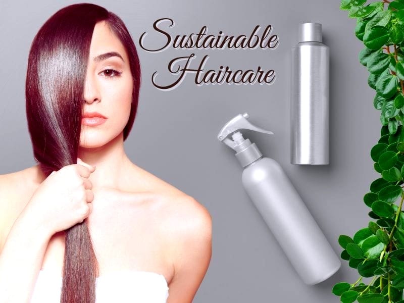 A woman with sleek, shiny hair holding a strand, surrounded by eco-friendly bottles and lush greenery, representing sustainable haircare solutions.