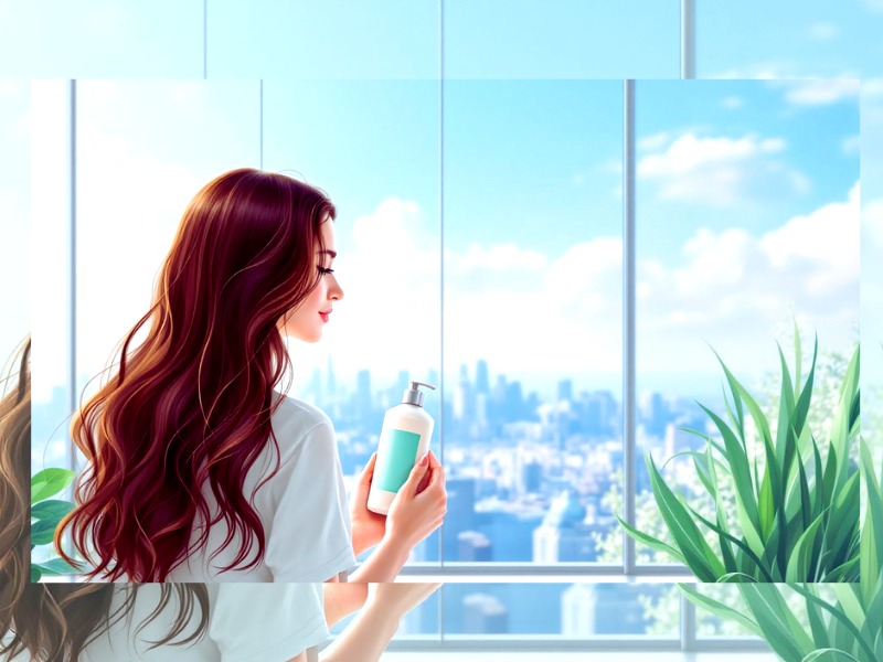 A woman with shiny, healthy hair holds a vegan hair care product in a bright room with a city view and green plants, emphasizing natural beauty and sustainability.