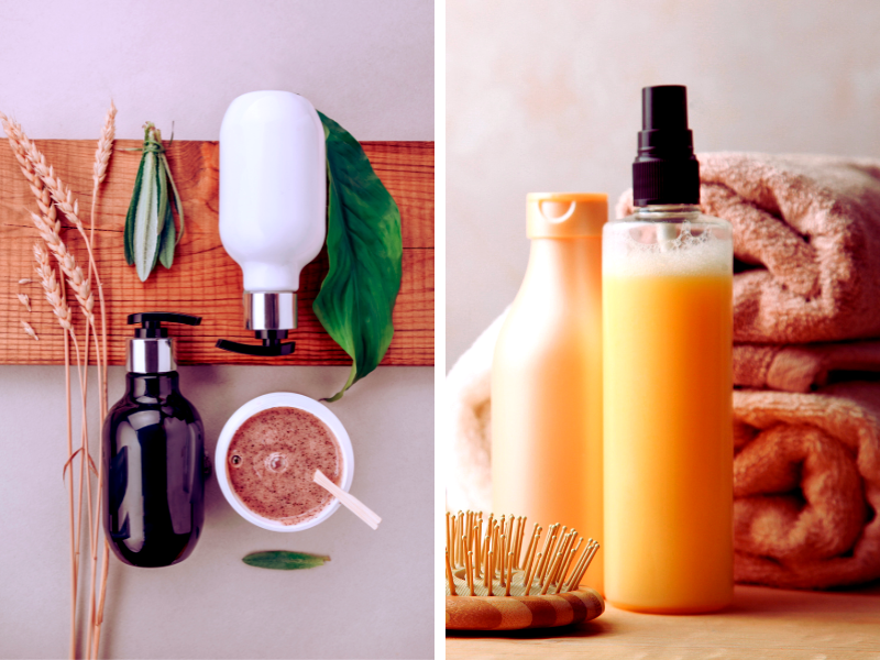 Two sets of vegan hair care products: one with natural elements like grains and leaves, the other with warm-toned bottles, towels, and a wooden brush for a cozy, eco-friendly vibe.