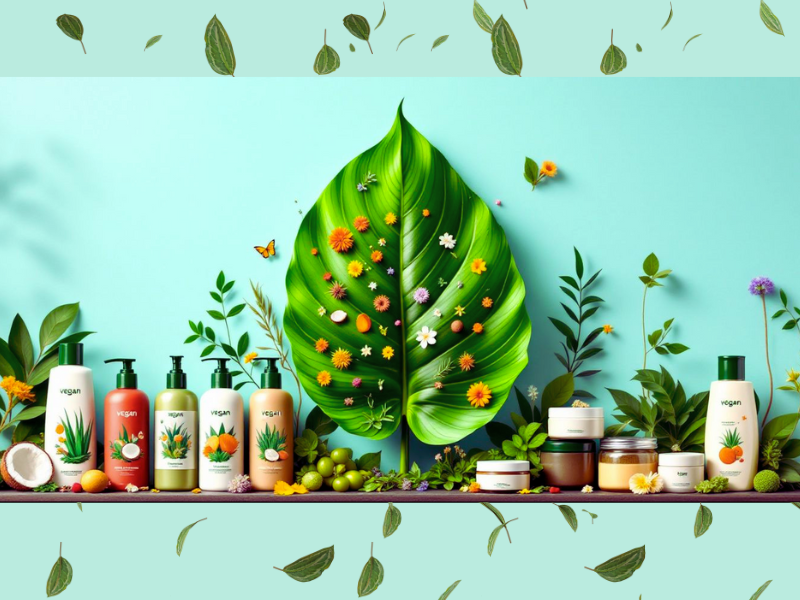 A vibrant display of vegan hair care products, featuring shampoos, conditioners, and styling products arranged on a shelf with a large green leaf adorned with colorful flowers.