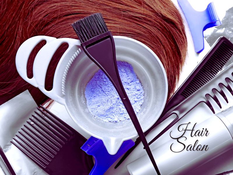 Hair salon setup featuring tools and bowl with vegan hair products for sustainable and cruelty-free hair coloring.