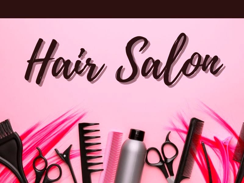 Hair salon tools on a pink background with 'Hair Salon' text. Highlight vegan haircare for ethical beauty.