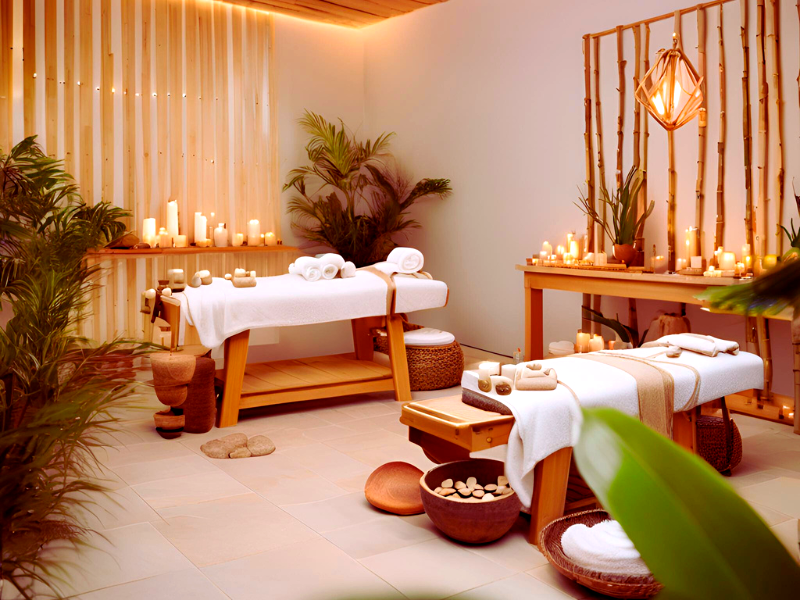 Spa room with massage tables, candles, and essential oils.