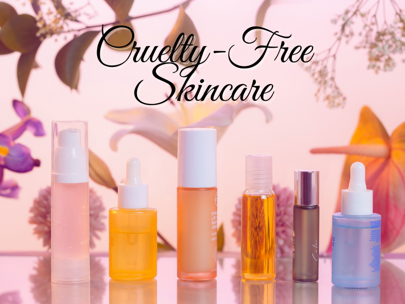 Elegant display of cruelty-free skincare products with floral backdrop.