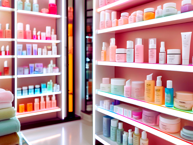 Display shelves filled with colorful, revenue-generating skincare products.