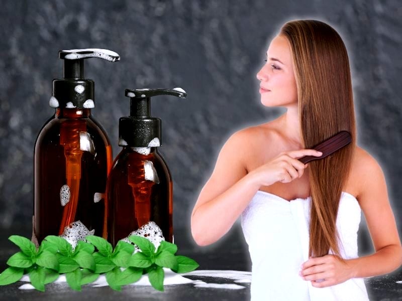 Woman brushing shiny hair in a towel, with pump bottles and green leaves, promoting 'plant-based hair care' products