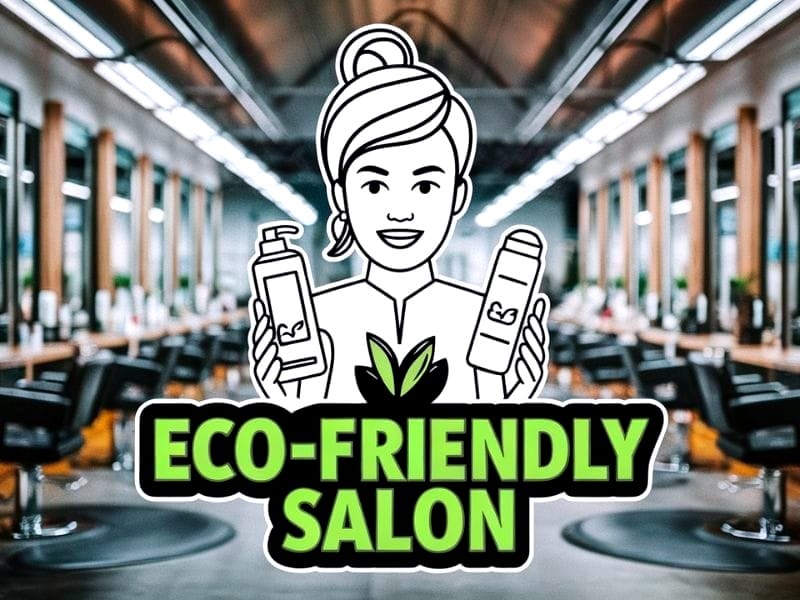 Illustration of a stylist promoting 'plant-based hair care' products inside a modern, eco-friendly salon.