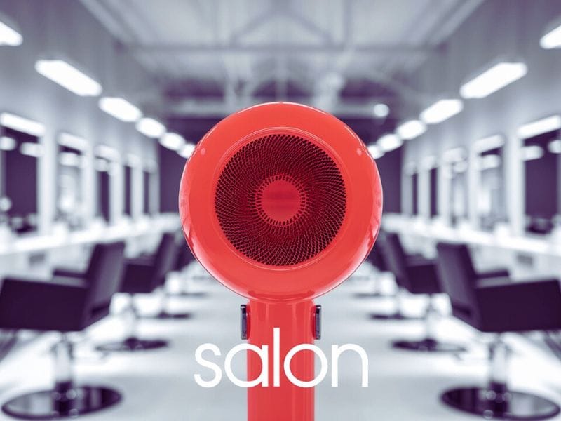 Modern salon interior featuring a bold red hairdryer in focus, highlighting tools to boost salon revenue.