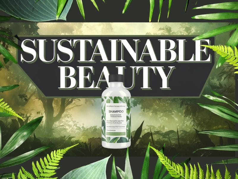 Sustainable beauty shampoo surrounded by lush greenery, promoting ethical hair care for a healthier planet and lifestyle