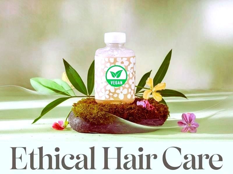 Vegan ethical hair care product showcased with natural elements, promoting sustainable and responsible beauty choices.