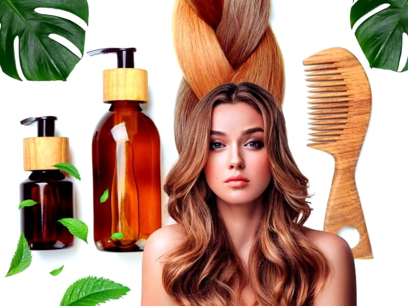 Model with healthy, glossy hair surrounded by eco-friendly haircare bottles, wooden comb, and green leaves, promoting non-toxic hair care.