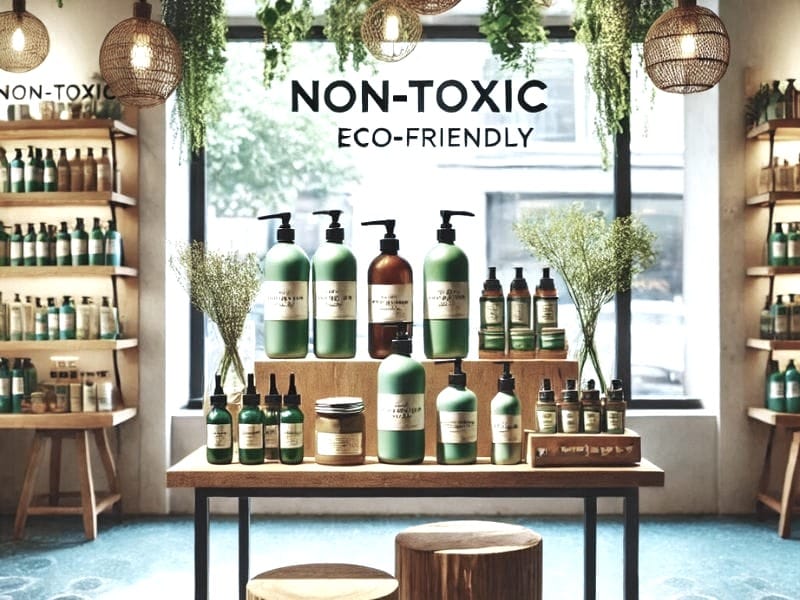 Retail display of non-toxic hair care products with eco-friendly packaging and a green, natural theme.