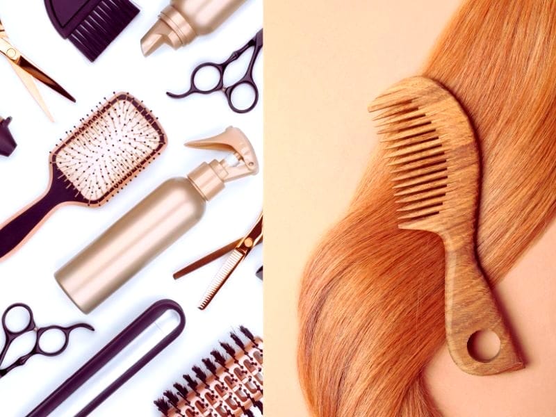 Stylish salon tools and a wooden comb displayed alongside vibrant, healthy hair, emphasizing non-toxic hair care.