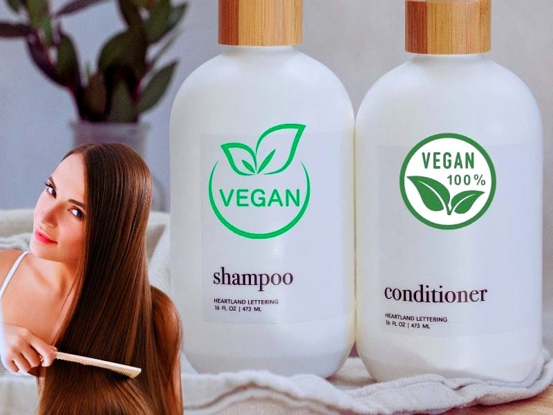 Image showcasing vegan shampoo and conditioner bottles with eco-friendly labels alongside a woman combing her silky hair.