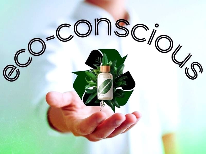 Hand presenting a sustainable vegan conditioner bottle surrounded by green leaves and a recycling symbol, emphasizing eco-conscious choices.