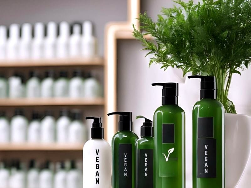 A sleek display of vegan hair care products with green bottles, emphasizing natural and eco-friendly benefits.