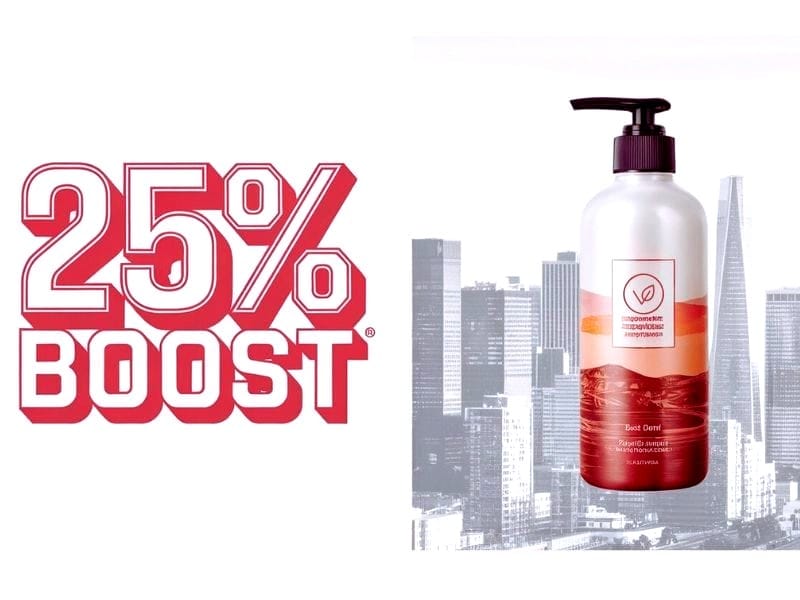 Promotional graphic showcasing vegan hair care products with a 25% boost label and urban city background.