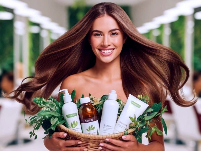 A smiling woman holding a basket of vegan haircare products, showcasing natural and eco-friendly beauty options.