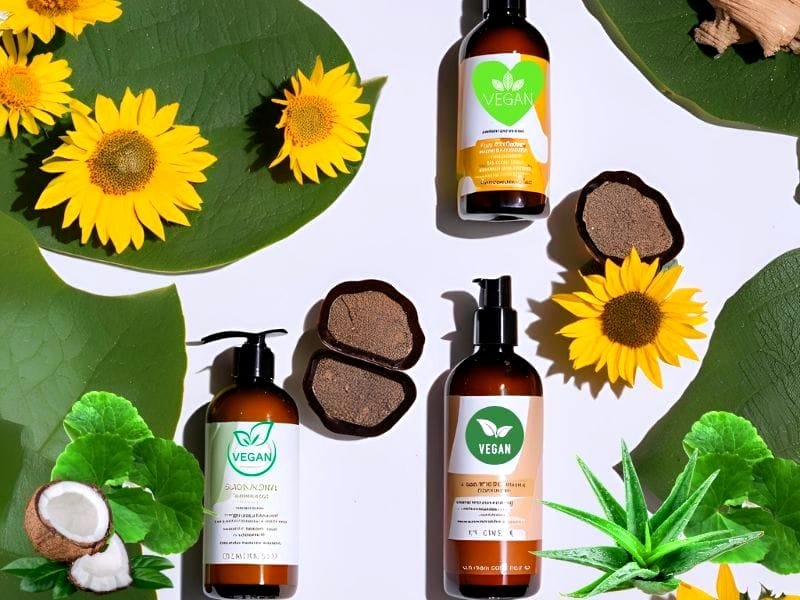 Bottles of vegan hair care products with natural ingredients, highlighting their eco-friendly benefits.